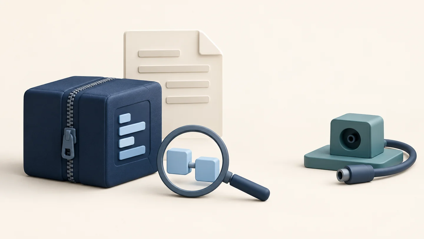 Licenza, file e servizi sono aspetti distinti Un archivio software accanto a un documento di licenza, una lente sulla catena di provenienza e un connettore di servizio separato.