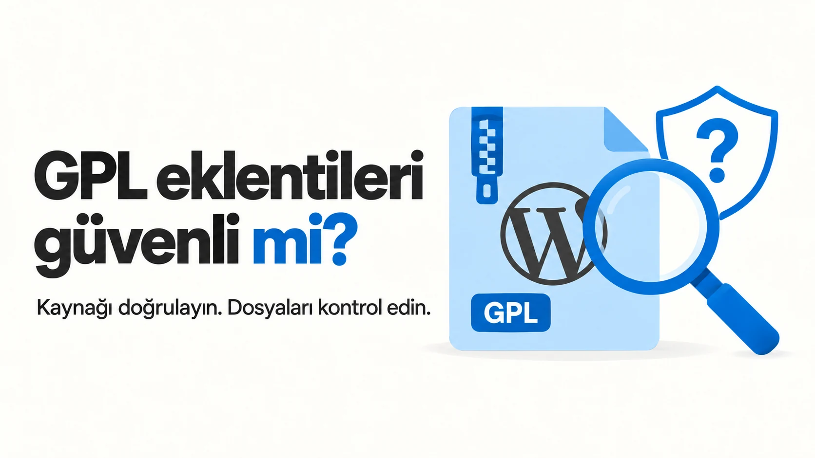GPL eklenti arşivi üzerindeki WordPress logosu büyüteçle inceleniyor; yanında soru işaretli bir kalkan bulunuyor. GPL eklenti arşivi üzerindeki WordPress logosu büyüteçle inceleniyor; yanında soru işaretli bir kalkan bulunuyor.