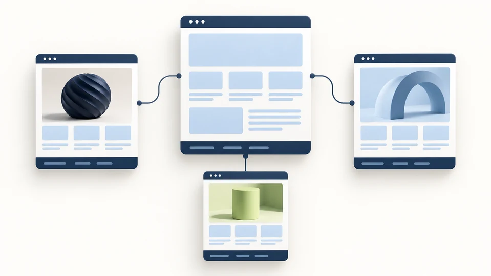 One reusable website template connected to three distinct project content cards. One reusable website template connected to three distinct project content cards.