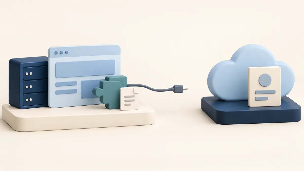 Un site local et un module de plugin sur une plateforme font face à un service cloud et à une carte d’identification sur une plateforme distincte.