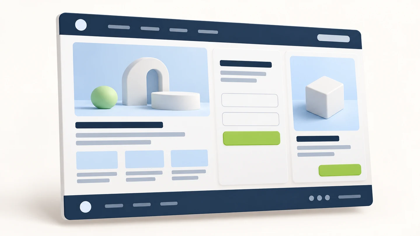 Modular website illustration with a shared header, page layout, form and product card. Modular website illustration with a shared header, page layout, form and product card.