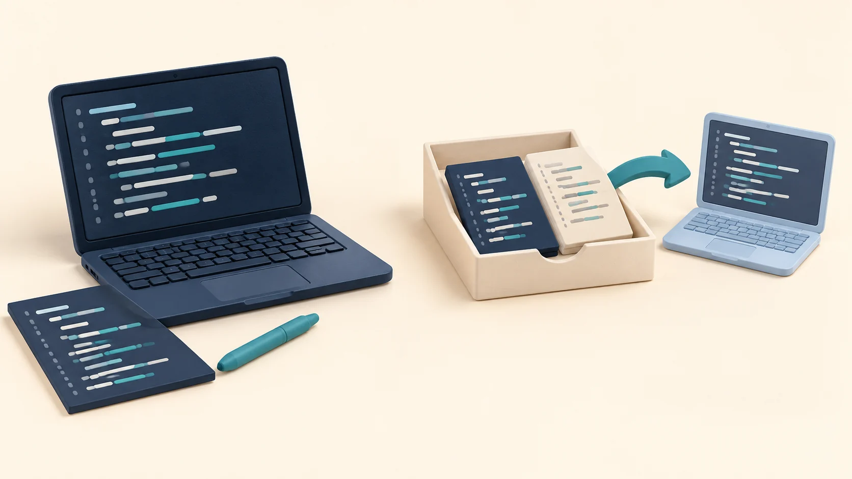 A laptop and editing stylus beside a software package being shared with another laptop.