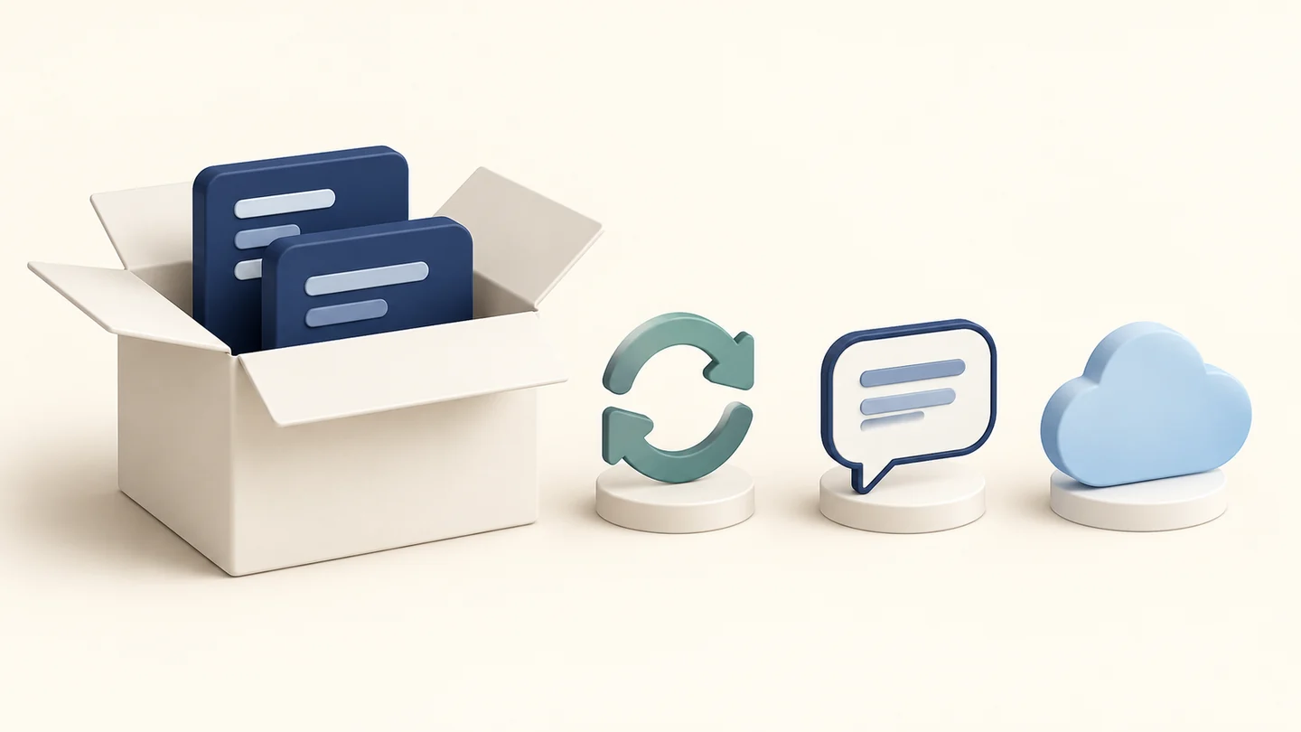 Software und Dienste sind getrennte Bestandteile eines Plugin-Kaufs Offenes Softwarepaket neben separaten Symbolen für Updates, Support und Cloud-Dienste.