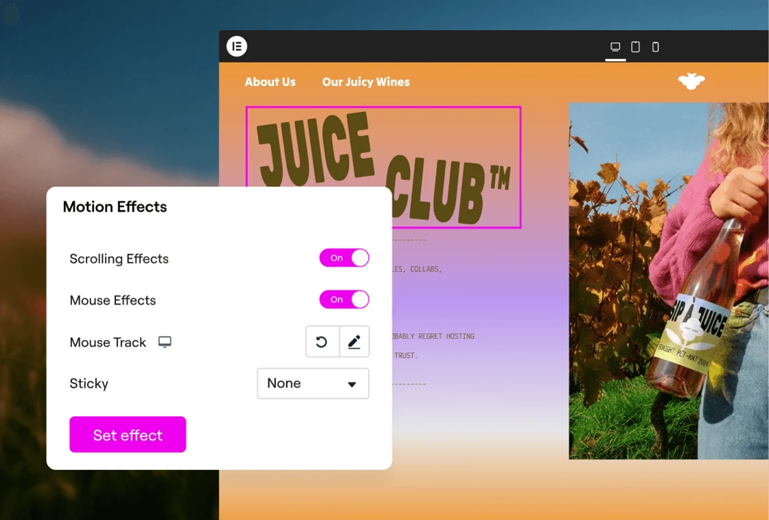 Elementor Pro motion effects and scrolling animations settings panel