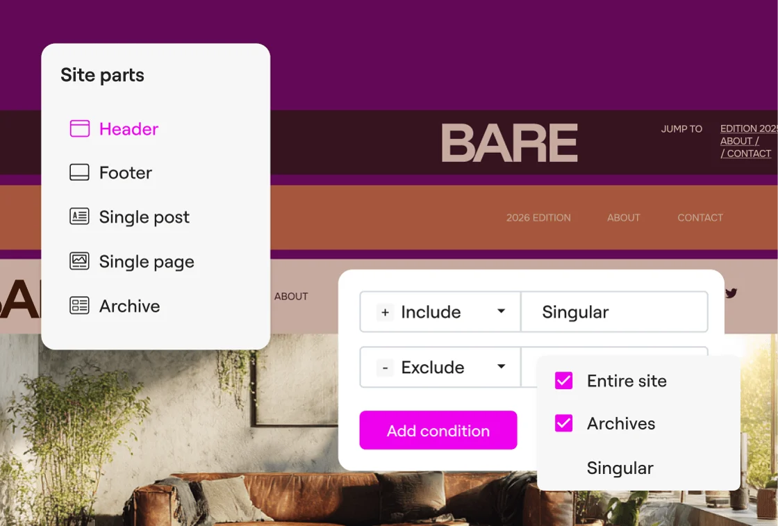 Elementor Pro Theme Builder editing a website header and footer template